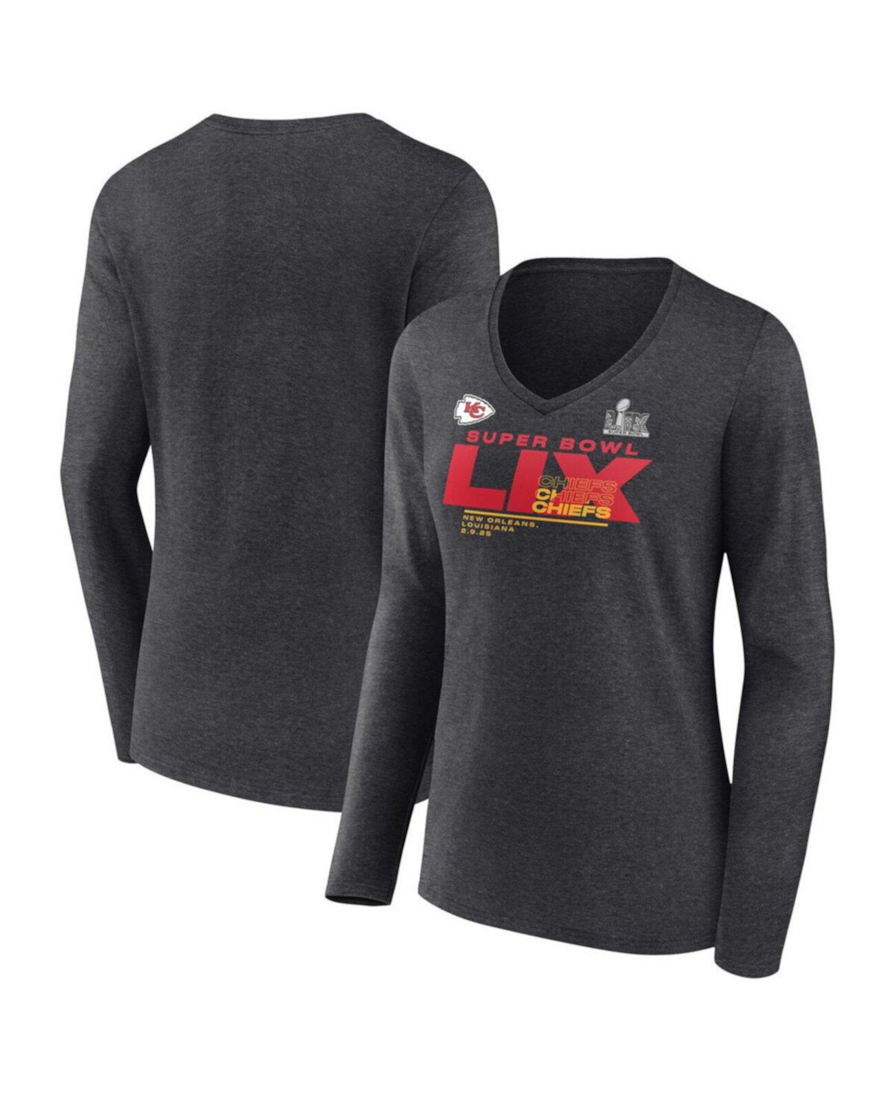 Women's Heather Charcoal Kansas City Chiefs Super Bowl LIX Quick Pass Long Sleeve V-Neck T-Shirt Fanatics