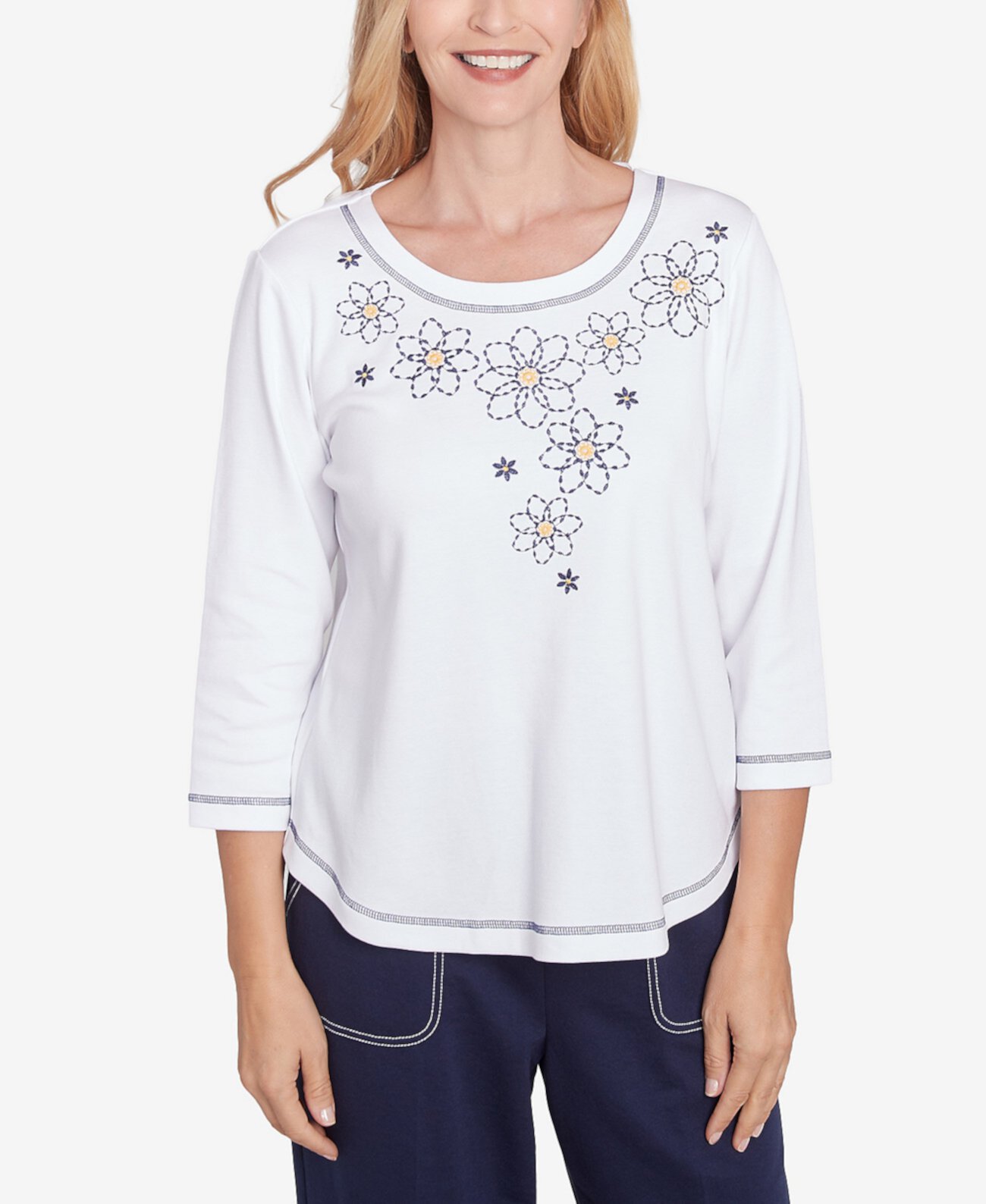 Petite Floral Embroidered Neckline Three Quarter Sleeve Top Alfred Dunner