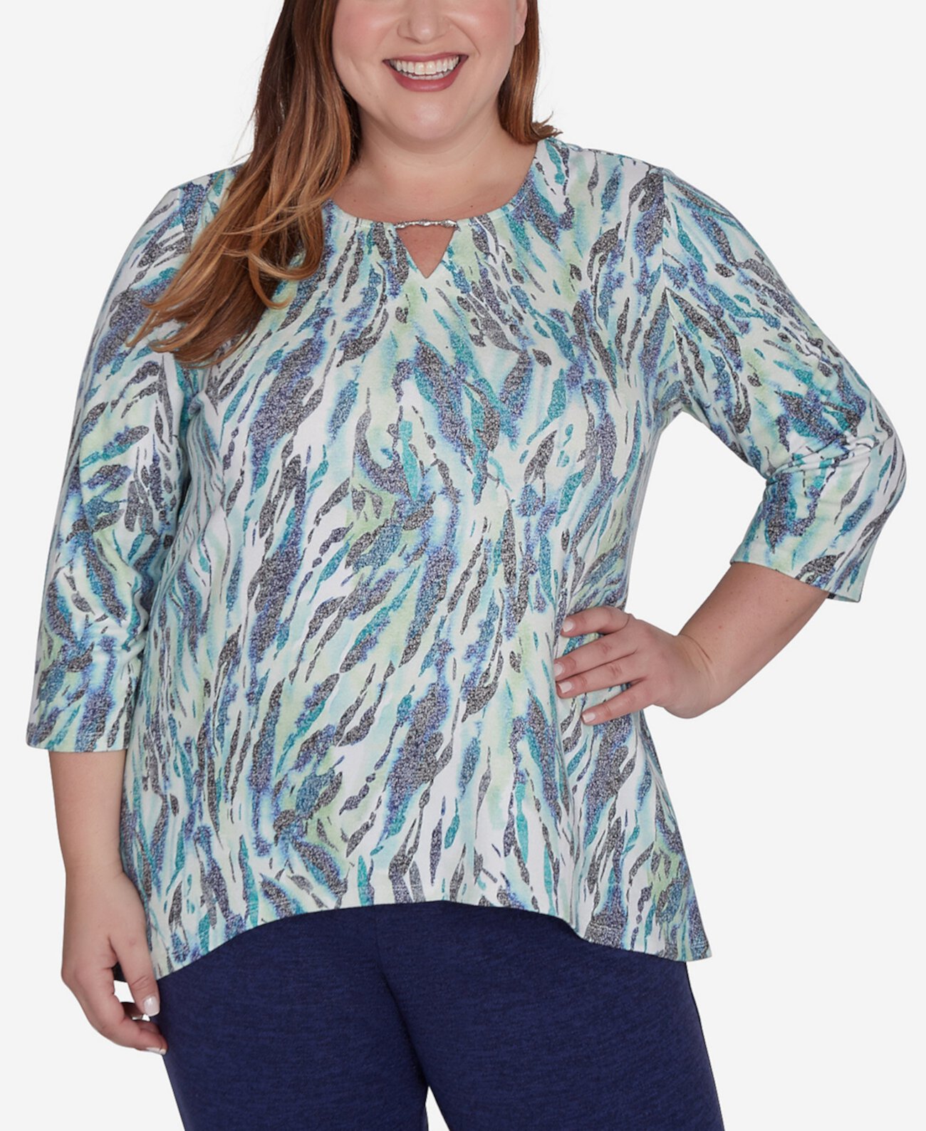 Plus Size French Quarter Teal Animal Print Split Neck Top Alfred Dunner