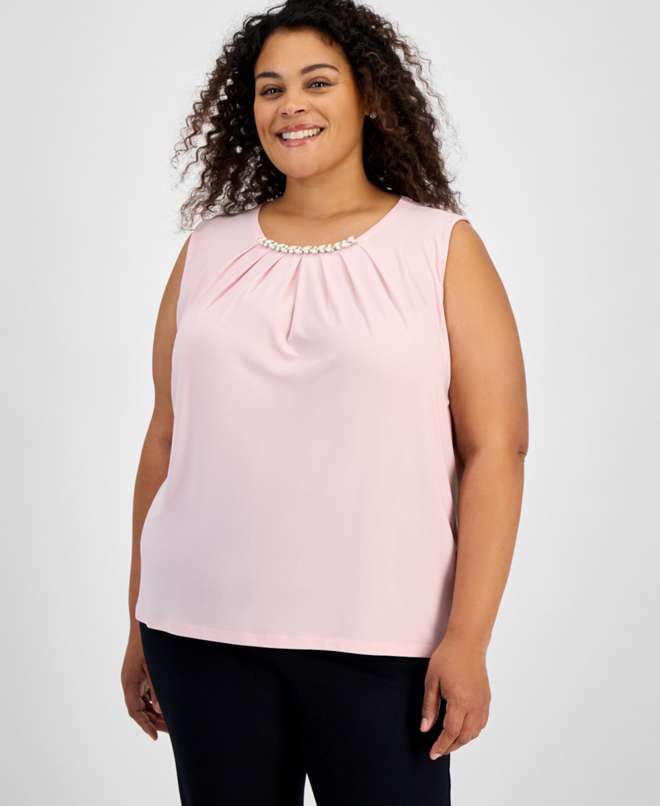 Plus Size Sleeveless Jeweled Pleat-Neck Blouse Kasper