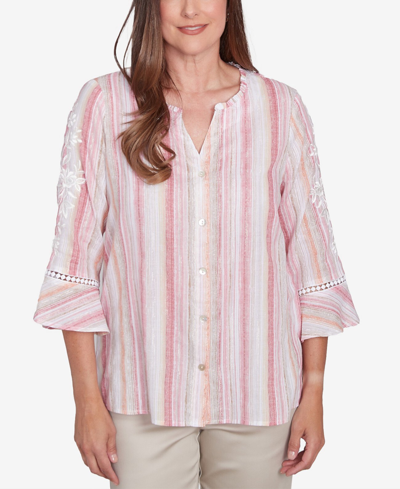 Petite Button Down Embroidered Sleeve Top Alfred Dunner