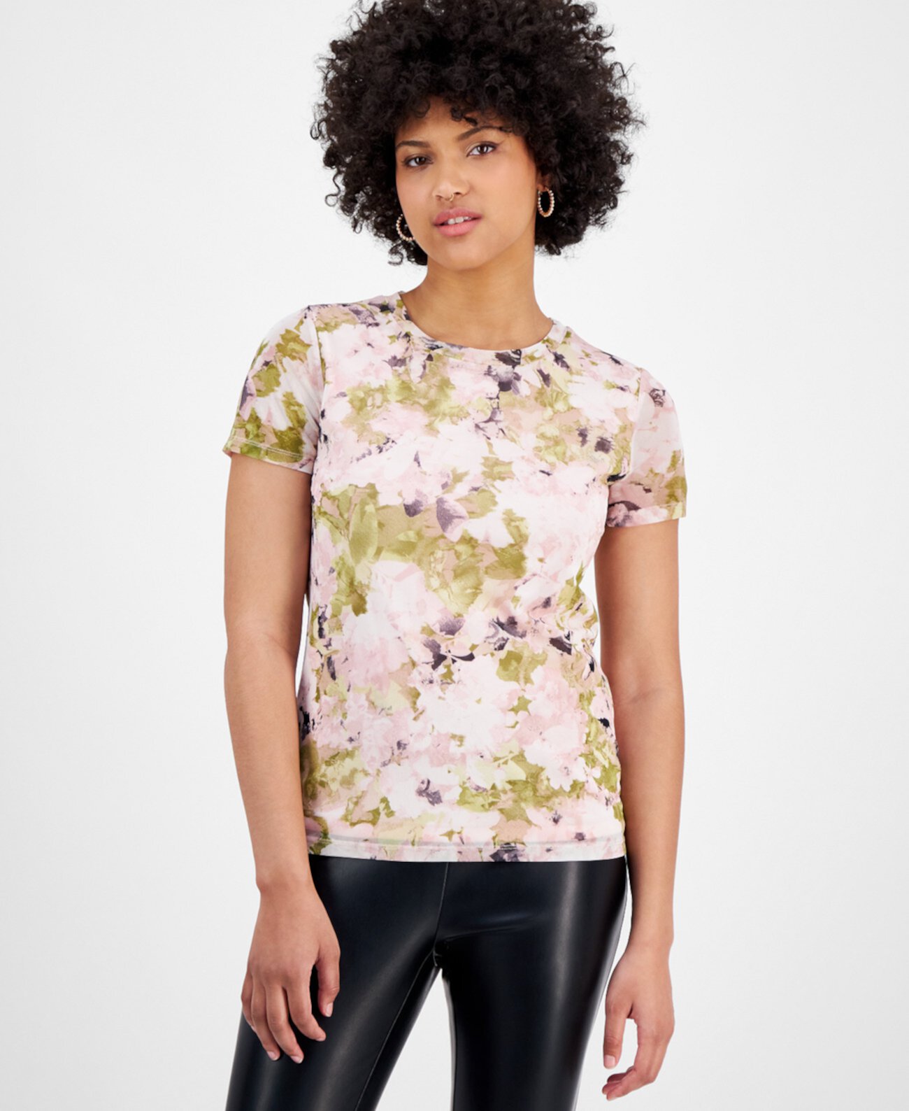 Women's Floral Mesh Crewneck Short-Sleeve Top, Exclusively at Macy's Bar III