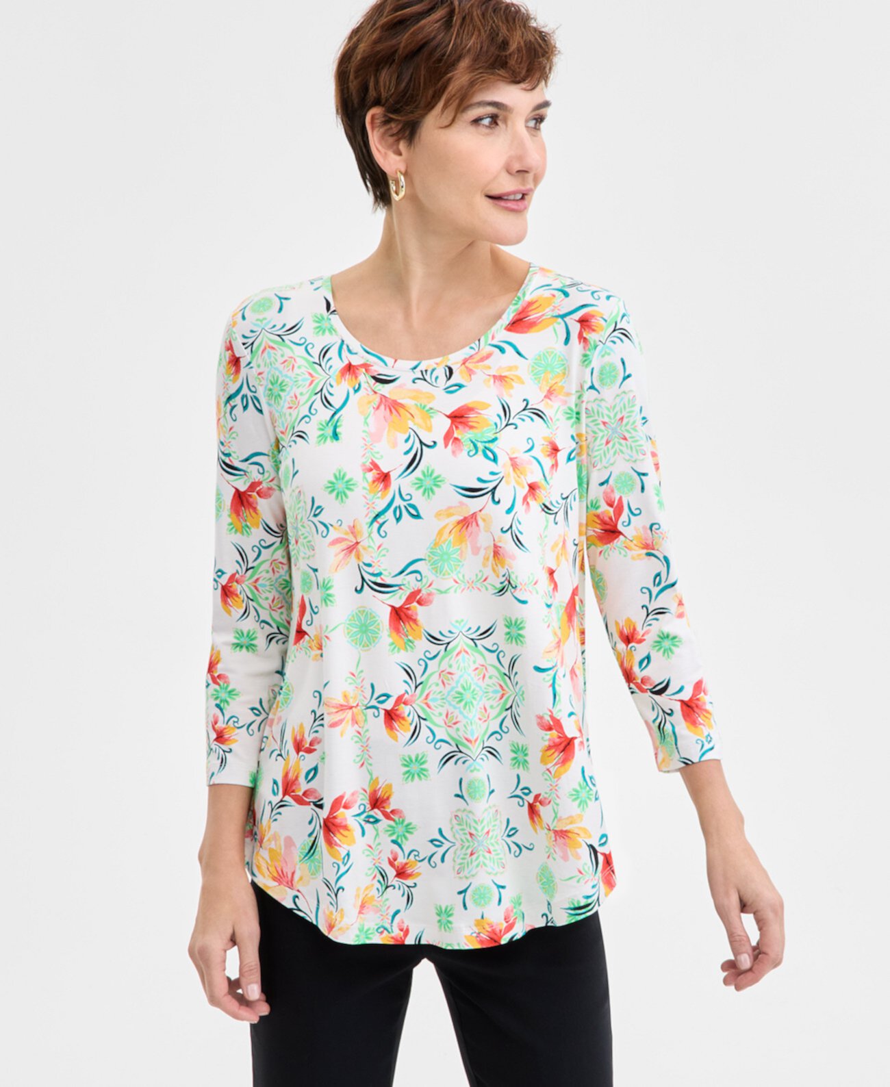 Women's Printed 3/4-Sleeve Top, Exclusively at Macy's J&M Collection