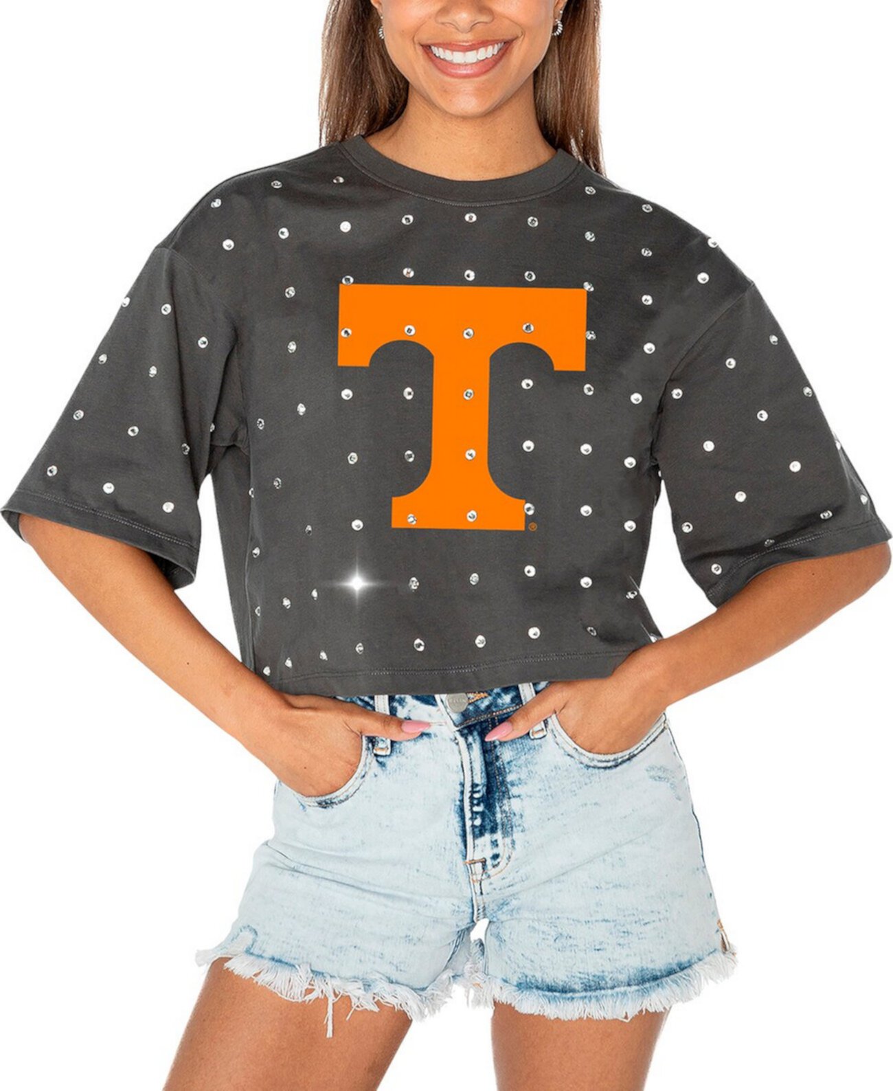 Женская короткая футболка с блестками Gray Tennessee Volunteers Go Time, 100% хлопок, короткий рукав Gameday Couture