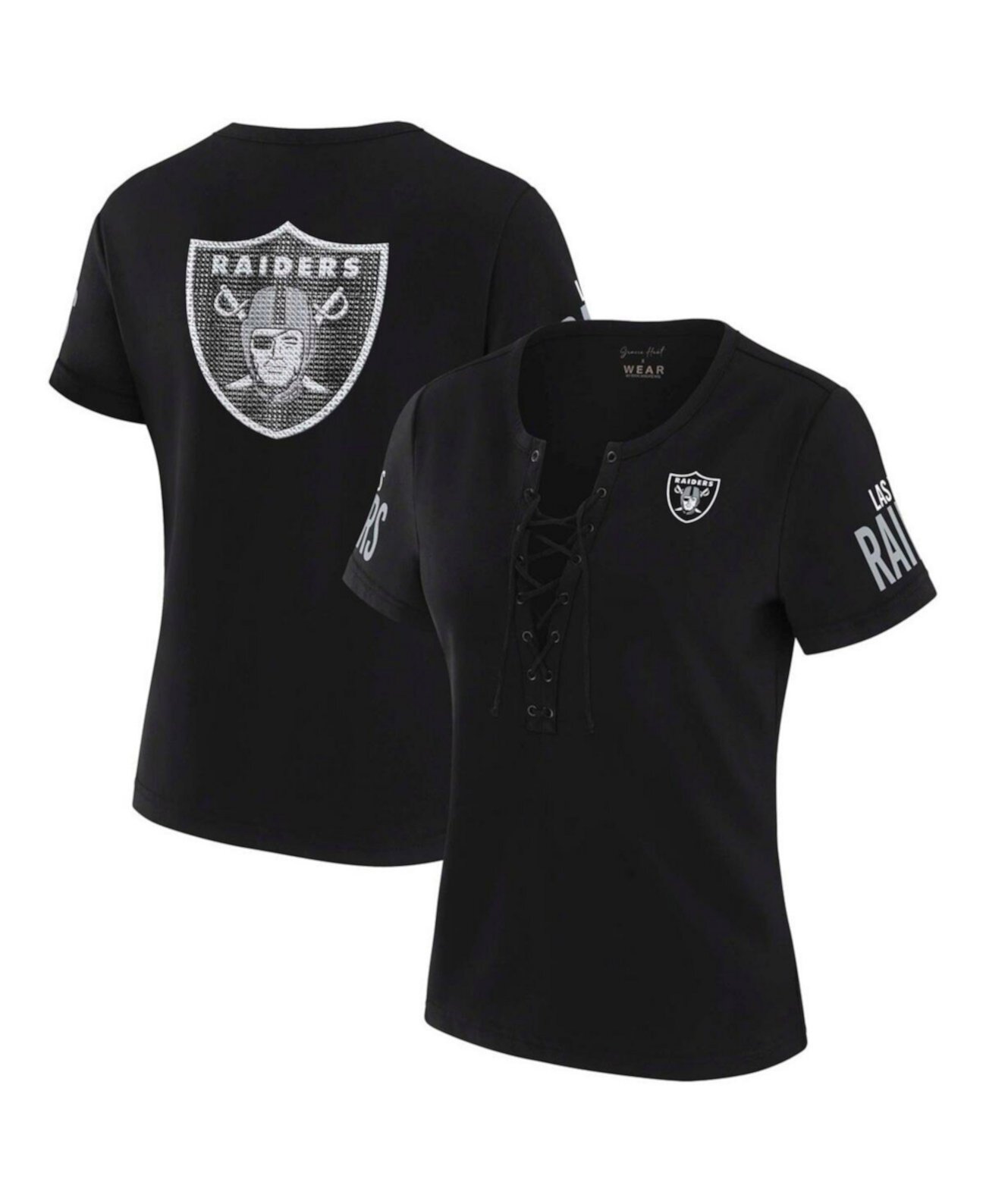 x Gracie Hunt Women's Black Las Vegas Raiders Draft Me Lace-Up T-Shirt WEAR by Erin Andrews