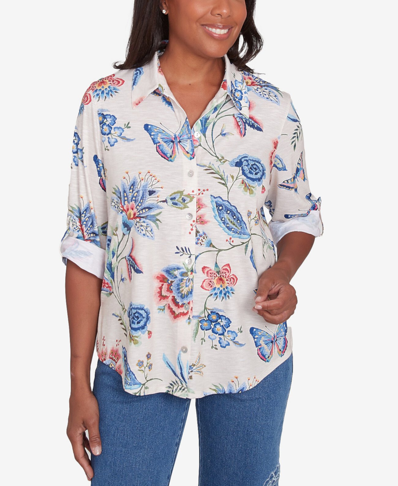 Petite Free Spirit Butterfly Button Up Cuffed Sleeve Top Alfred Dunner