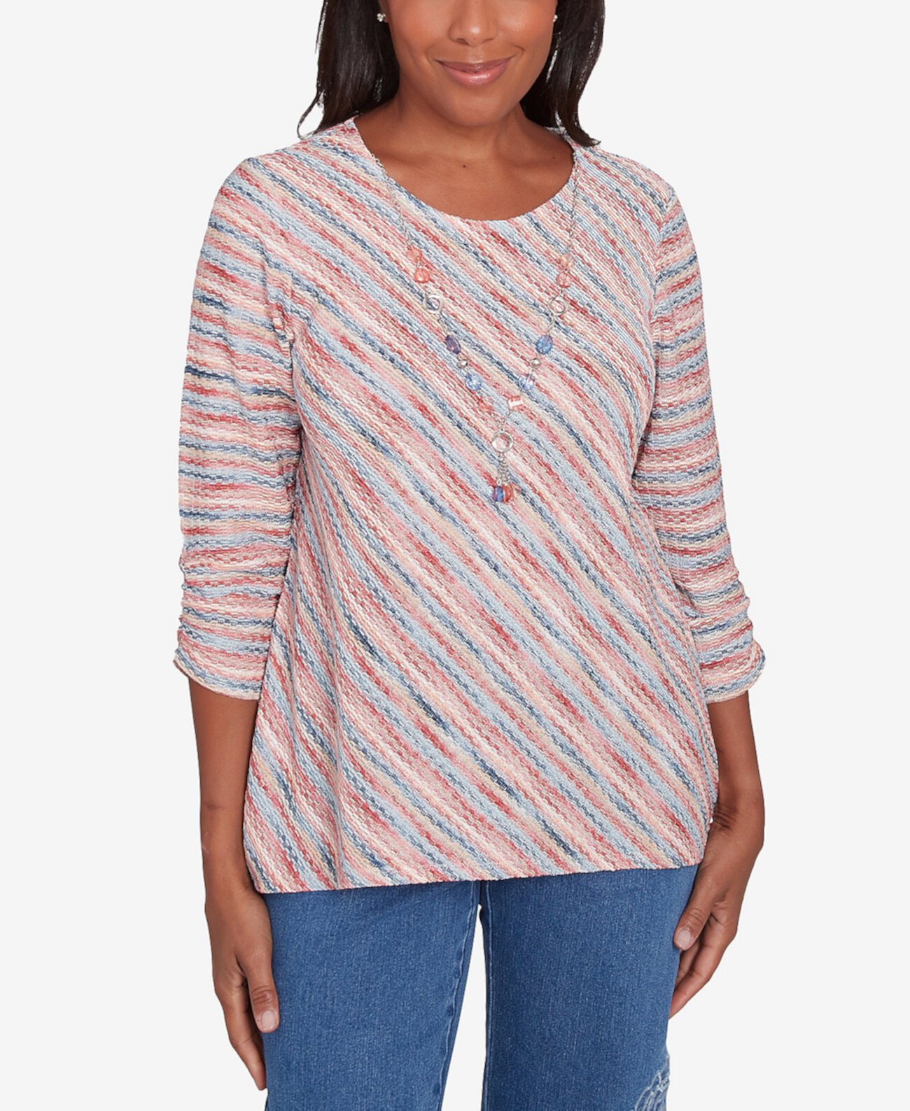 Petite Free Spirit Diagonal Space Dye Top with Necklace Alfred Dunner