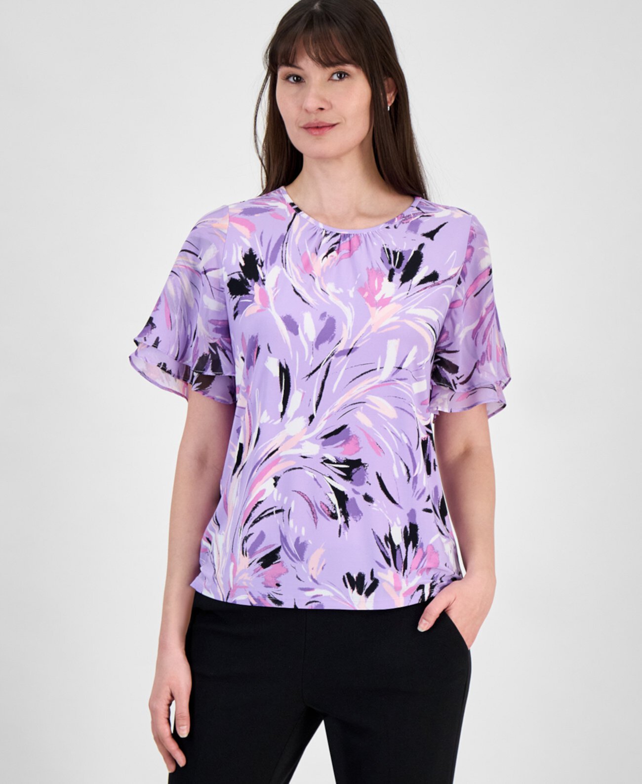 Women's Printed Flutter-Sleeve Blouse Kasper