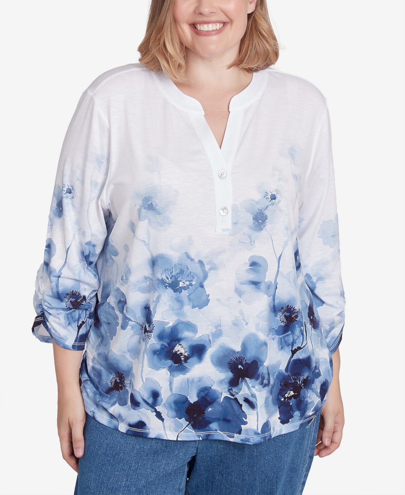 Plus Size Classic Floral Border Ruched Sleeves Henley Top Alfred Dunner