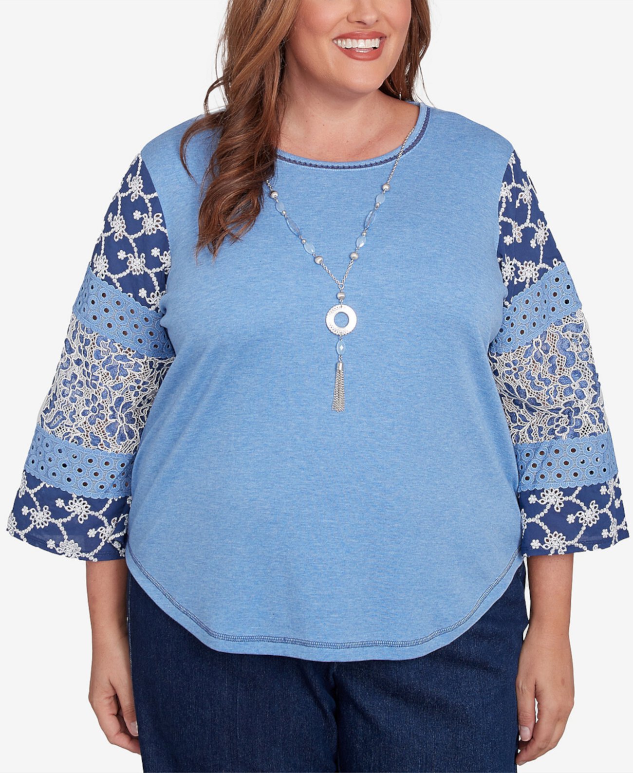 Plus Size Free Spirit Patchwork Sleeve Knit Top with Necklace Alfred Dunner