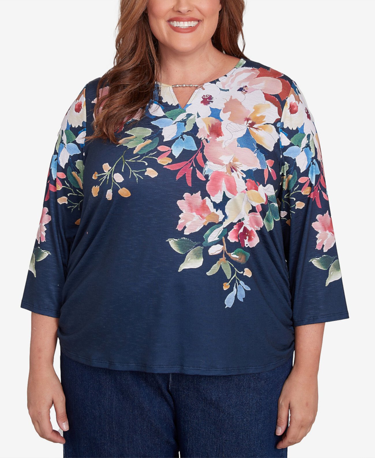 Plus Size Free Spirit Floral Knit Ruched Sleeve Top Alfred Dunner