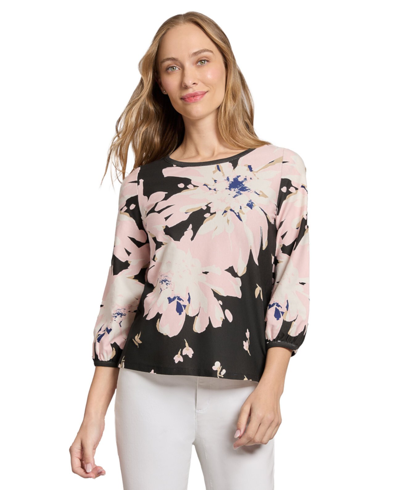 Petite Floral-Print 3/4-Sleeve Top Jones New York