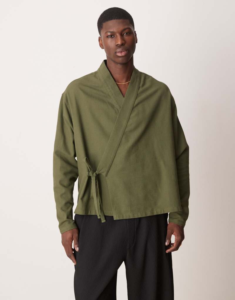 ASOS DESIGN oversized wrap front shirt in olive Asos Design