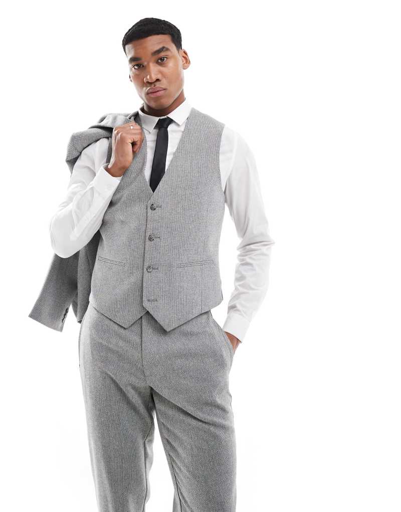 ASOS DESIGN slim suit vest with wool in gray barleyweave Asos Design