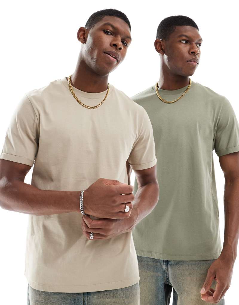 ASOS DESIGN 2 pack crew neck T-shirts with roll sleeve in khaki and stone Asos Design