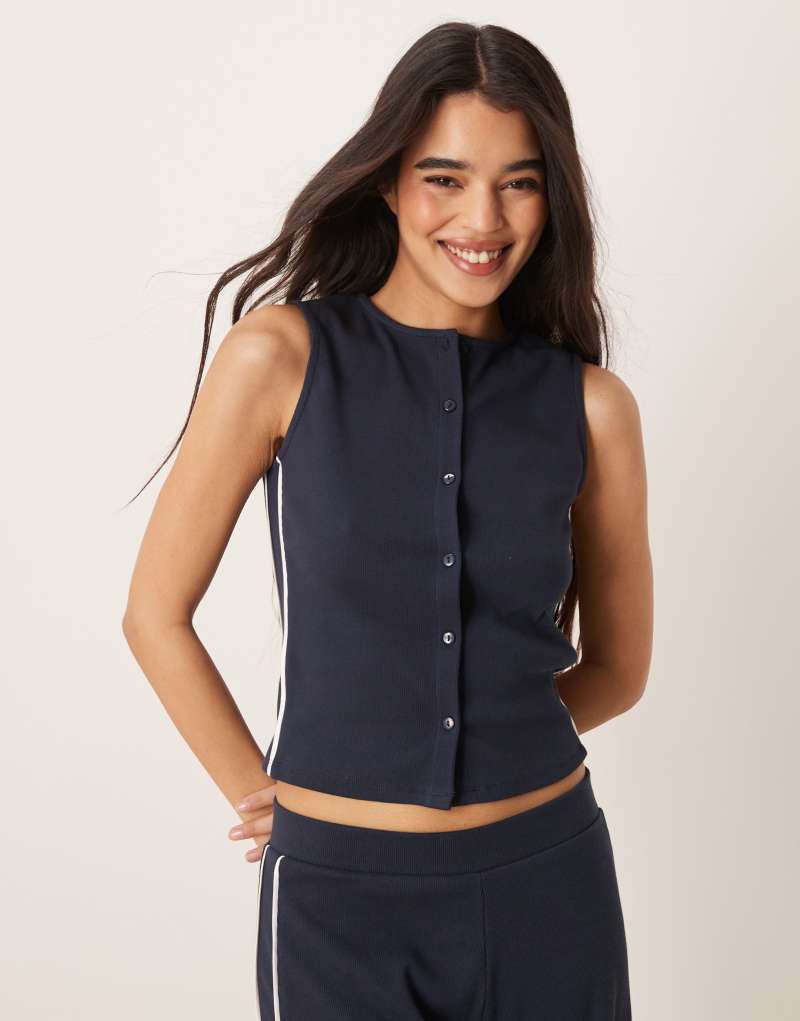 ASOS DESIGN crew neck button up top with contrast piping in navy - part of a set Asos Design