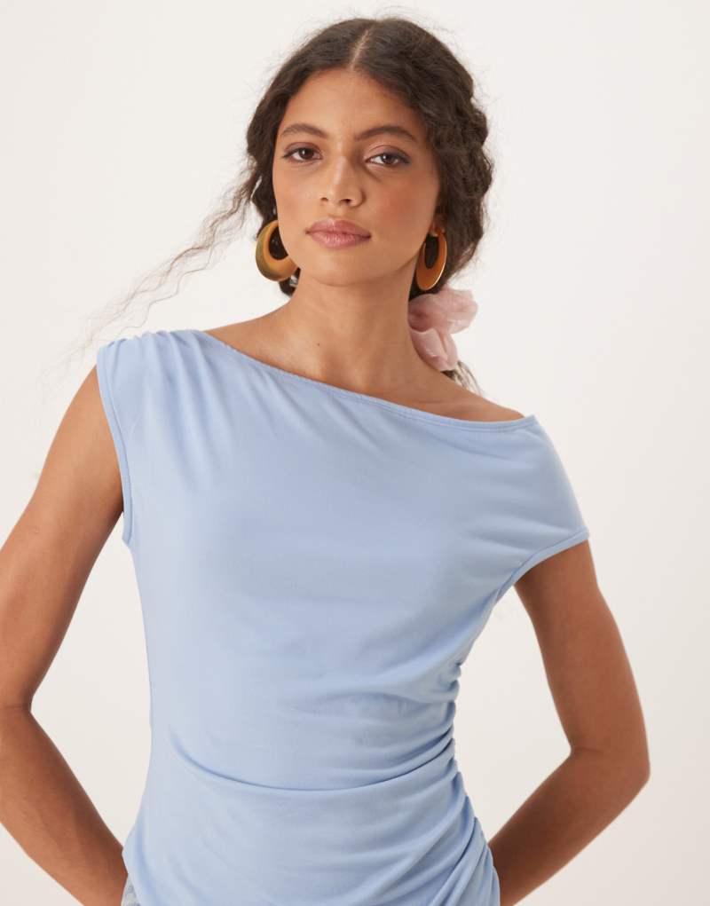 ASOS DESIGN corset ruched waist off shoulder top in baby blue Asos Design