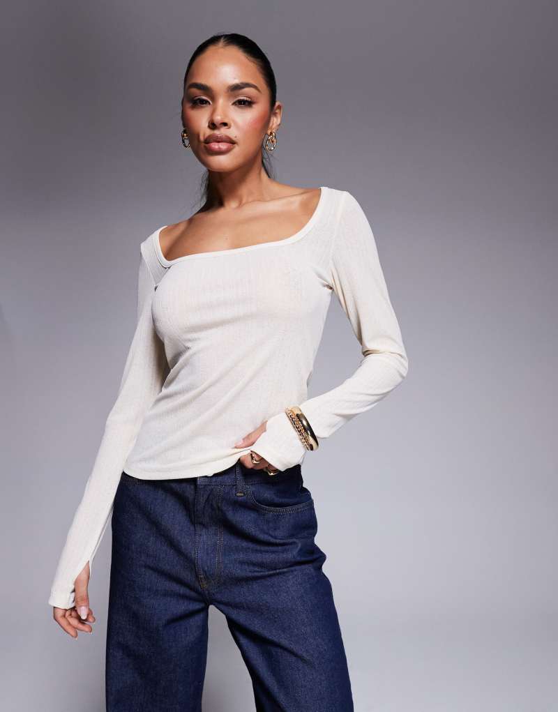 ASOS DESIGN scoop neck dry handle ribbed top with thumbholes in ecru Asos Design