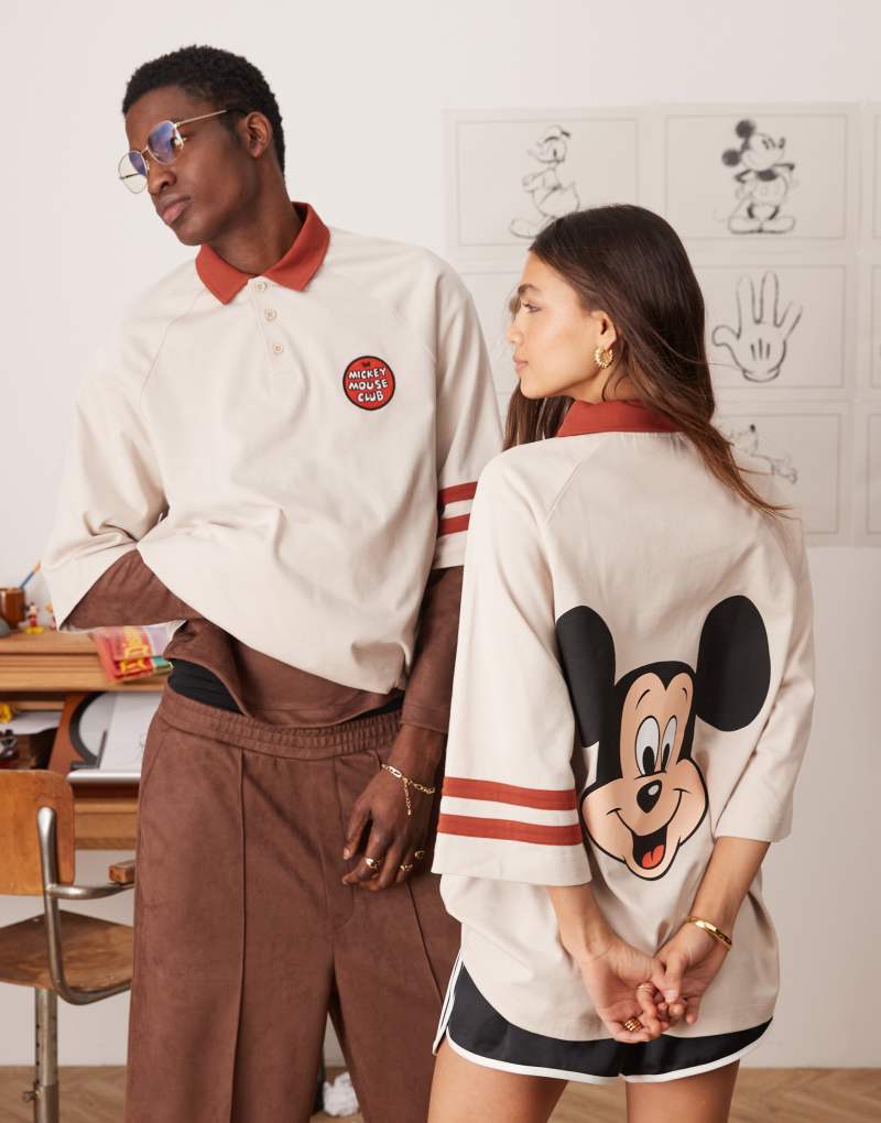 ASOS DESIGN Disney unisex oversized raglan polo t-shirt with Mickey Mouse prints in beige Asos Design