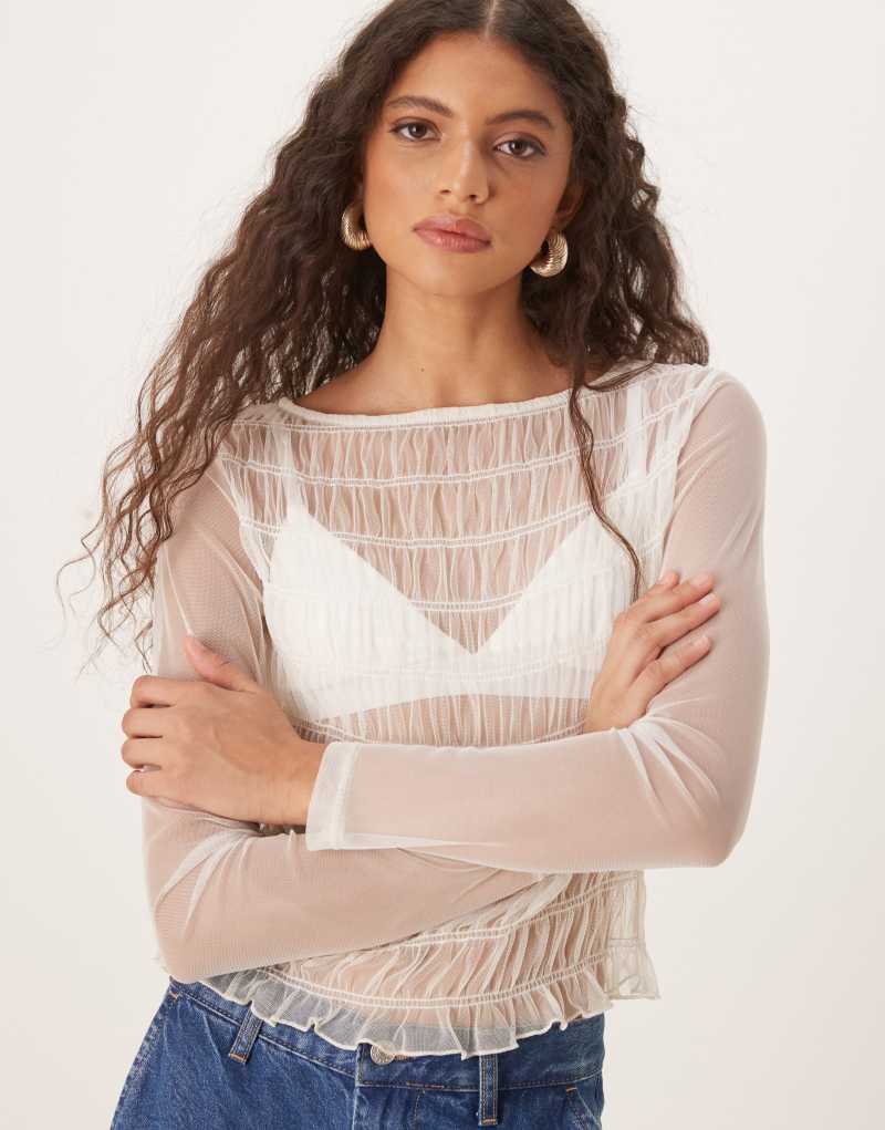 ASOS DESIGN shirred long sleeve tulle mesh top in cream Asos Design