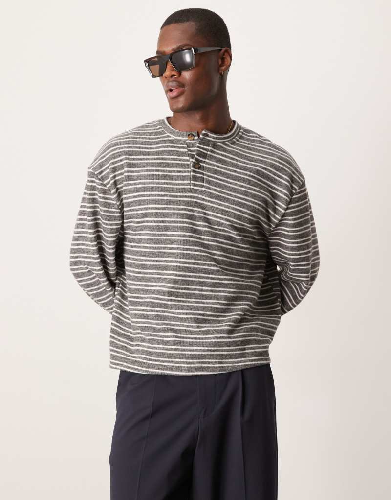 ASOS DESIGN oversized dropped shoulder long sleeve T-shirt with band collar in gray stripe Asos Design