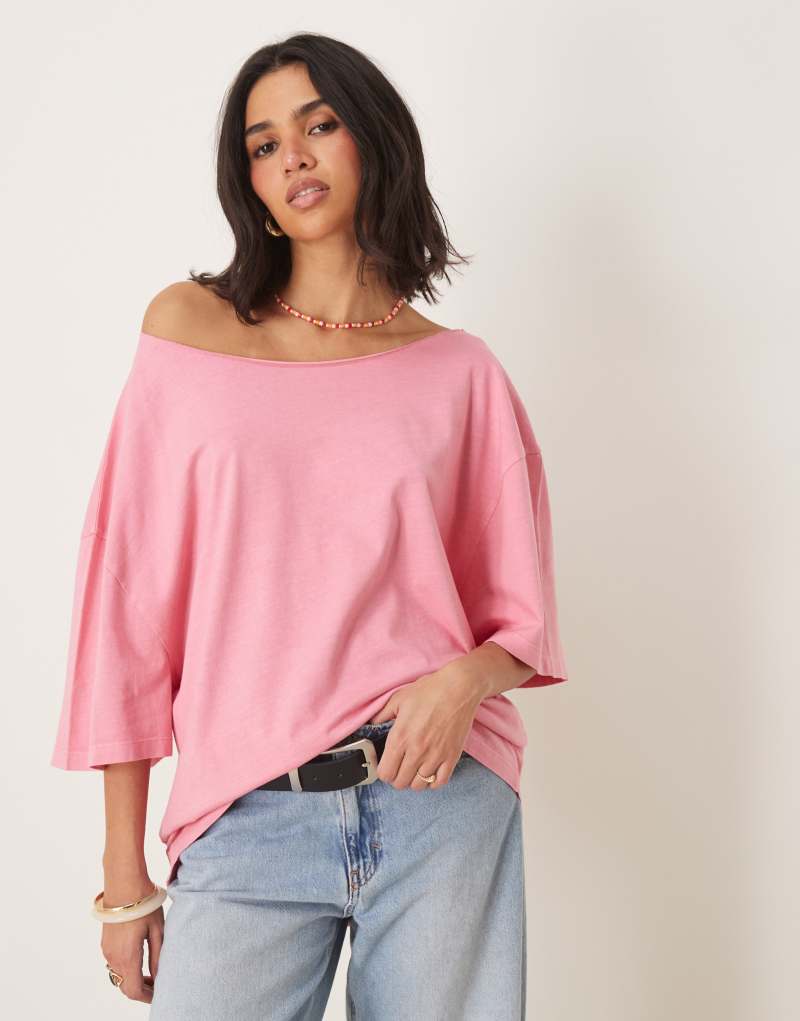 ASOS DESIGN slouchy off the shoulder oversized tee in washed pink Asos Design