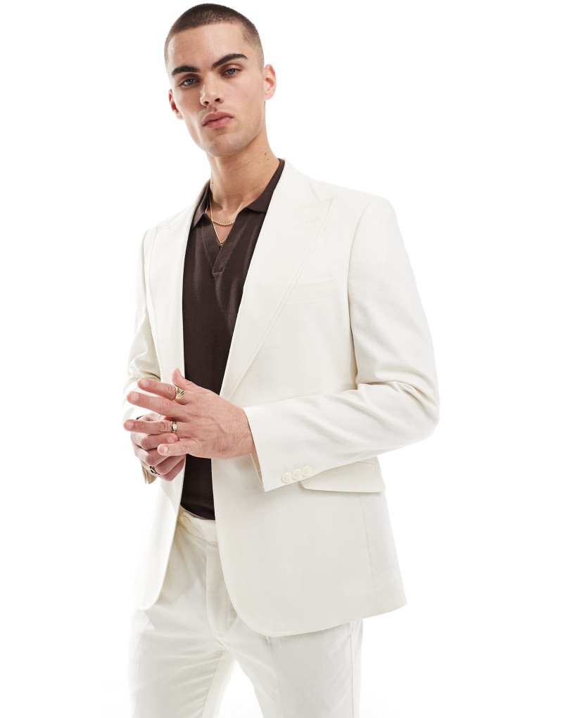 ASOS DESIGN skinny suit jacket with linen in cream Asos Design