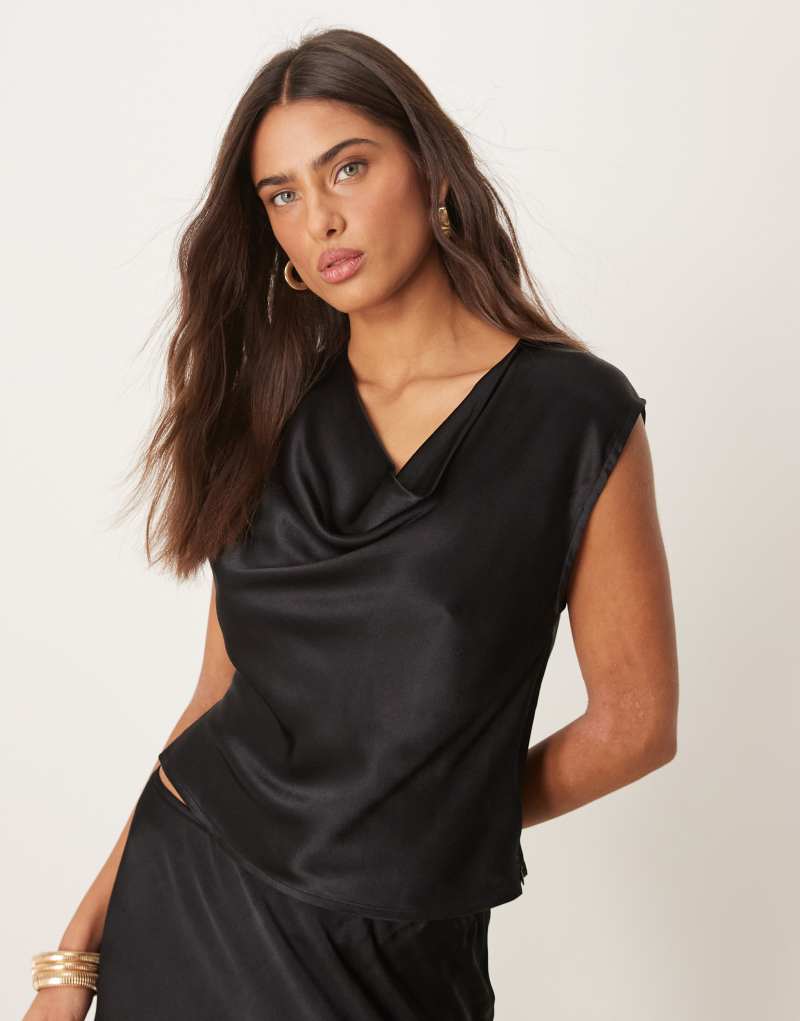 ASOS DESIGN satin built up cowl neck top in black - part of a set Asos Design