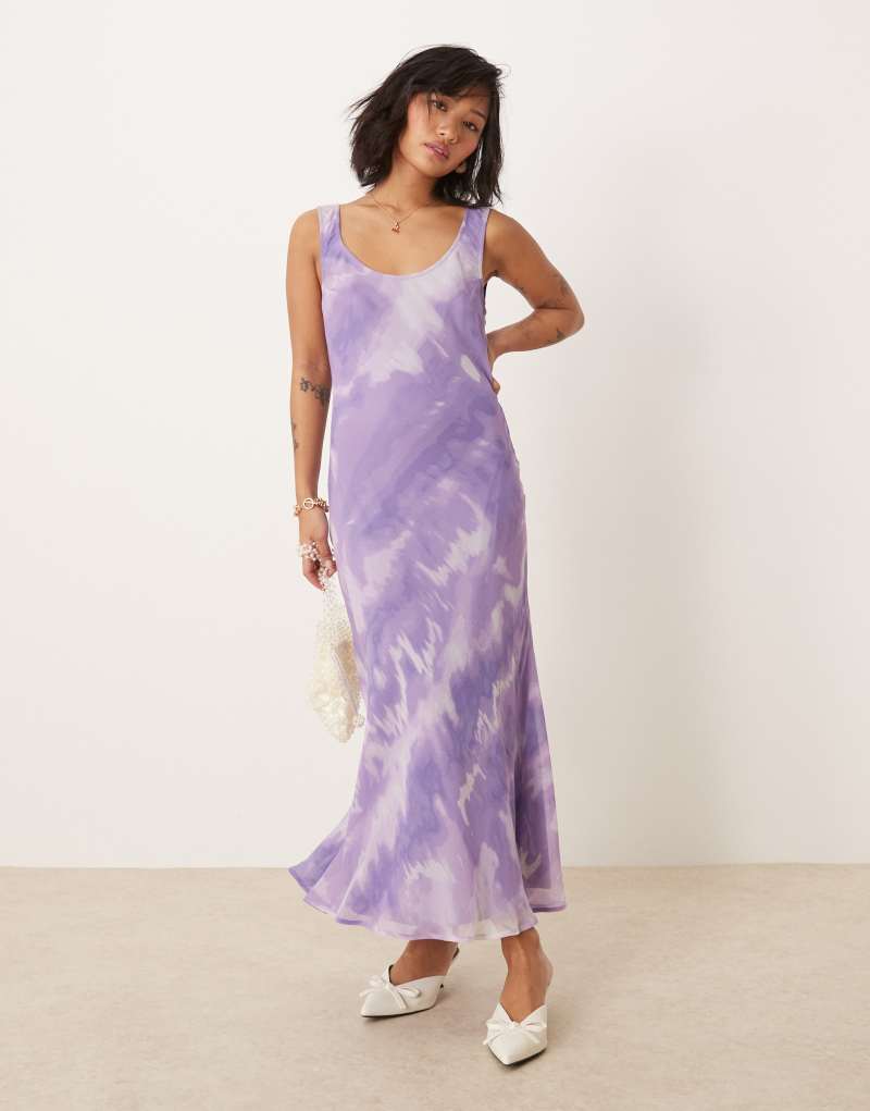 ASOS DESIGN Petite chiffon scoop neck midi slip dress in purple tie dye print ASOS Petite