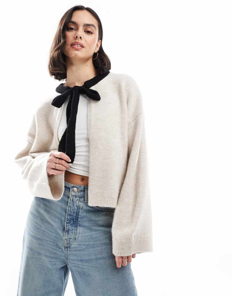 ASOS DESIGN open cardigan with bow tie neck in cream Asos Design