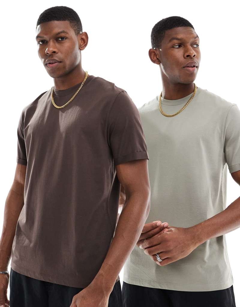 ASOS DESIGN 2 pack crew neck T-shirts with roll sleeve in stone and brown Asos Design