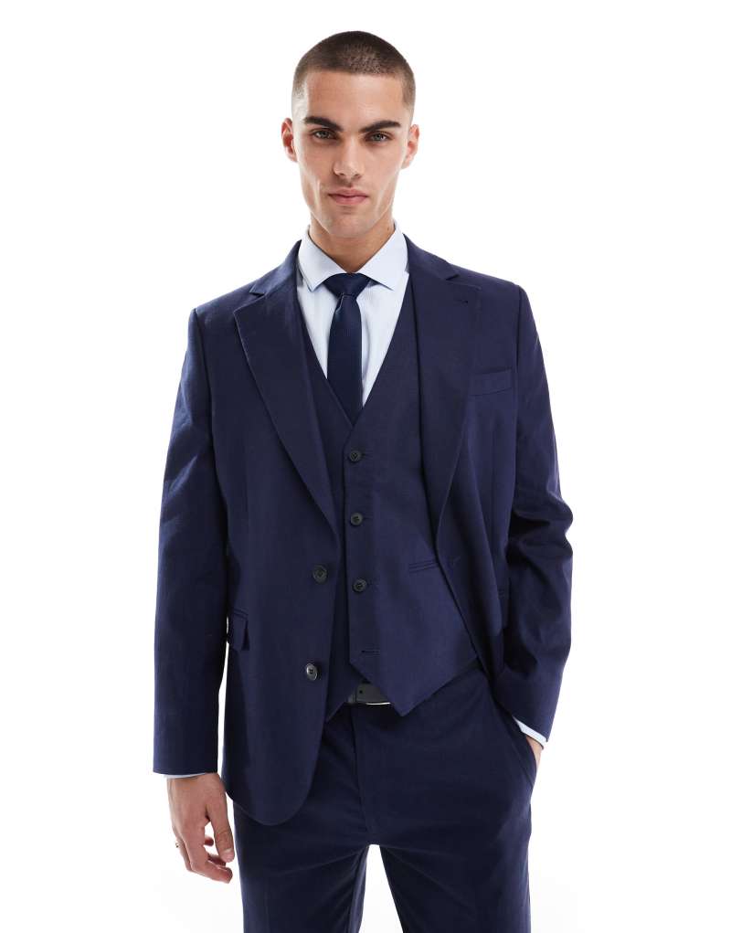 ASOS DESIGN linen blend slim suit jacket in navy Asos Design