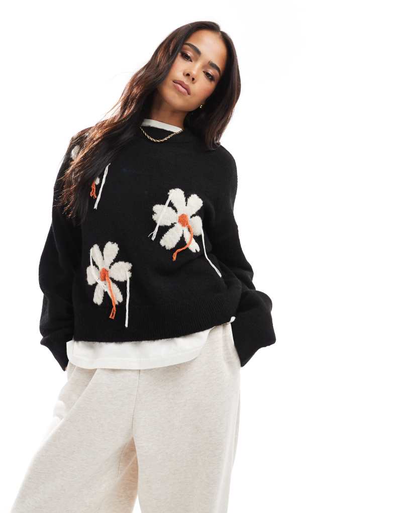 ASOS DESIGN knit sweater with tassel floral in black Asos Design