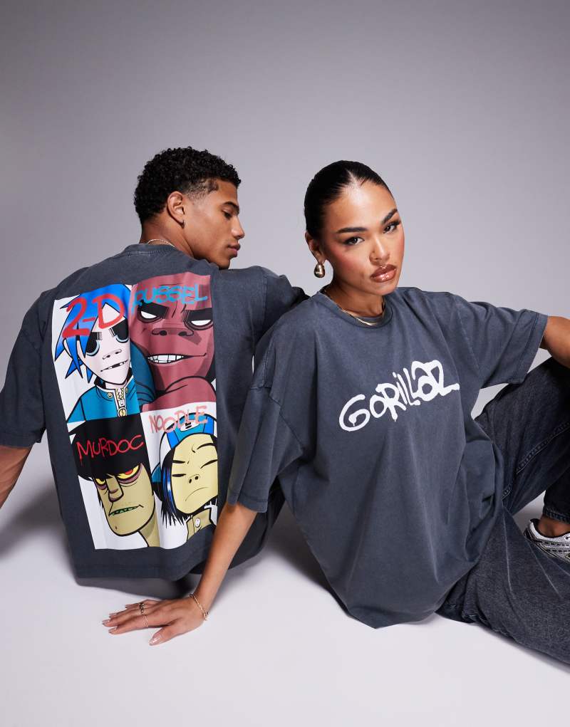 ASOS DESIGN unisex boxy oversized licensed t-shirt with Gorillaz prints in washed black Asos Design