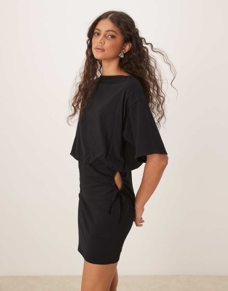 ASOS DESIGN slouchy T-shirt mini dress with ruched detail in black Asos Design