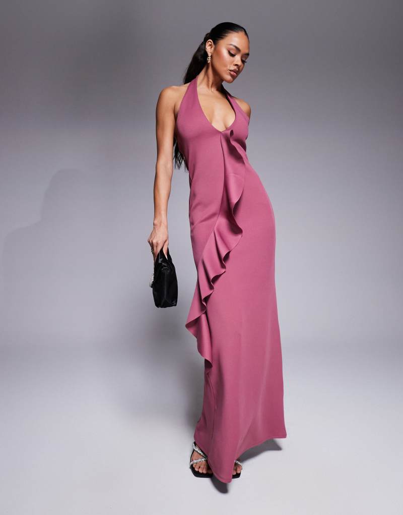 ASOS DESIGN scuba plunge maxi dress with ruffle front detail in mulberry Asos Design