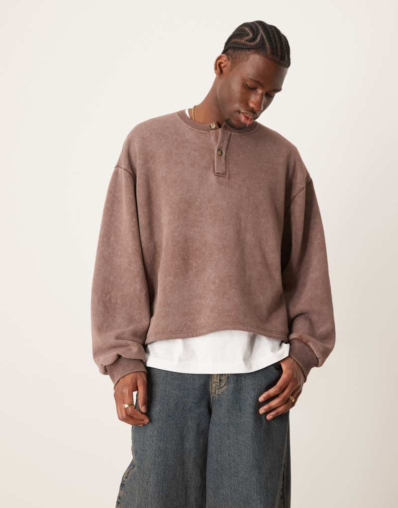 ASOS DESIGN oversize drop shoulder boxy sweater with henley neck in washed brown Asos Design