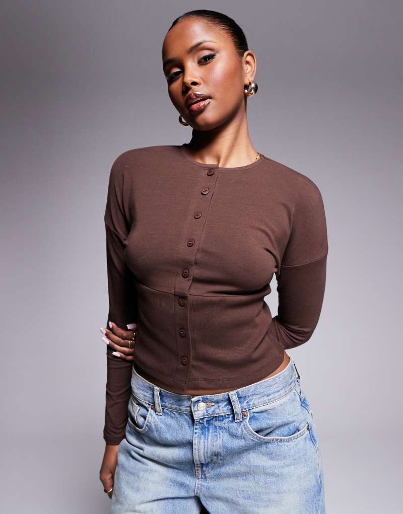 ASOS DESIGN long sleeve button up top with ribbed waist and cuffs in chocolate Asos Design