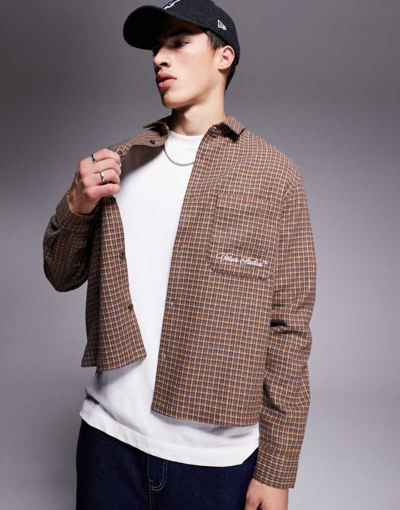 ASOS DESIGN boxy relaxed shirt in wool look check with chest embroidery in brown Asos Design