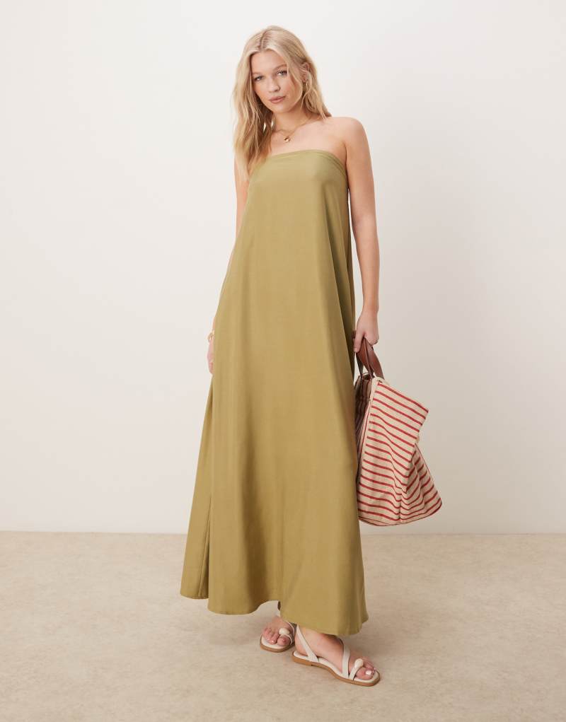 ASOS DESIGN cupro bandeau maxi dress in olive Asos Design