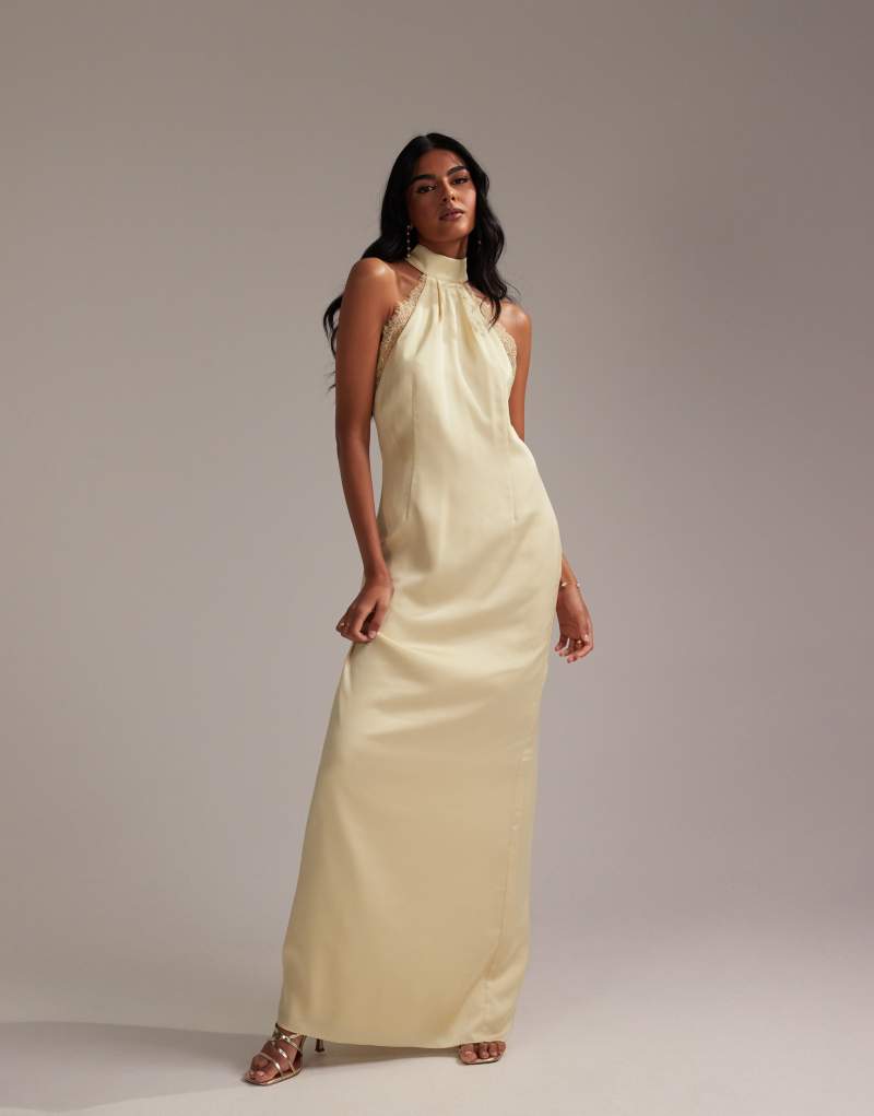 ASOS DESIGN Bridesmaids lace detail halter column maxi dress in soft yellow Asos Design