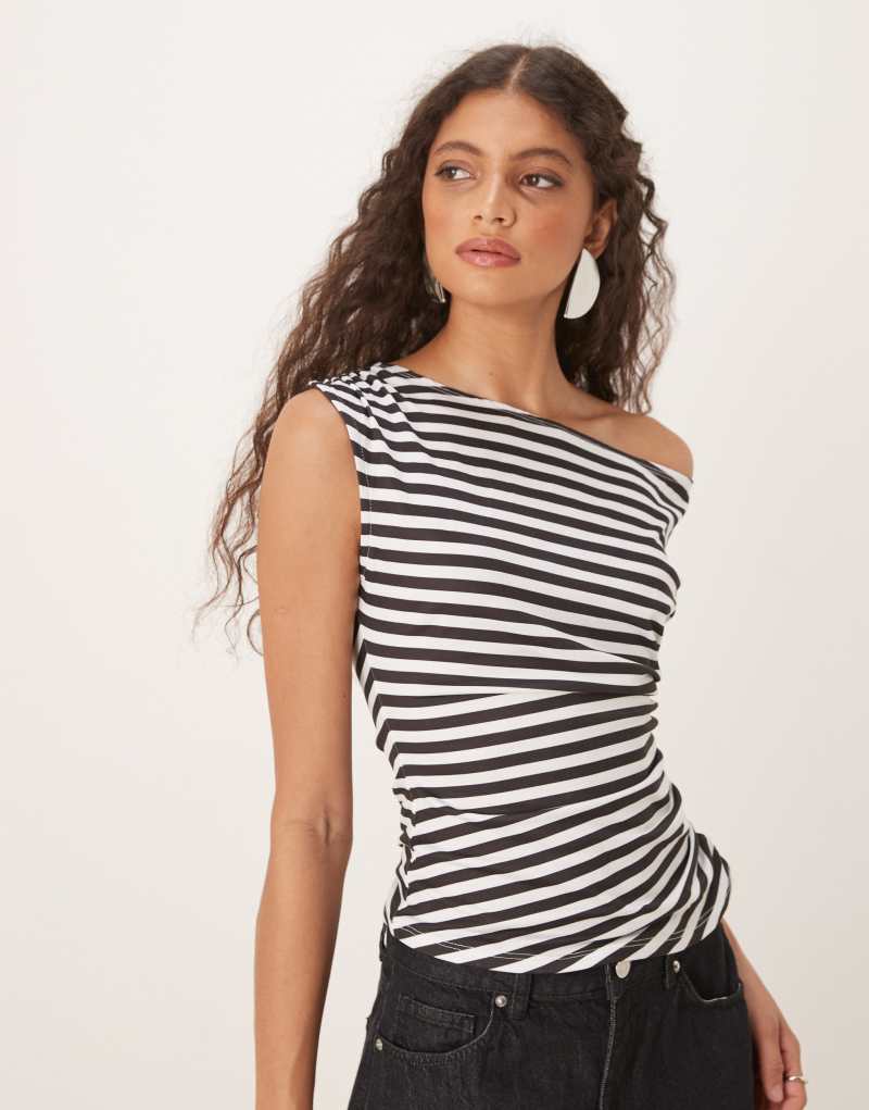 ASOS DESIGN corset ruched waist off shoulder top in mono stripe Asos Design