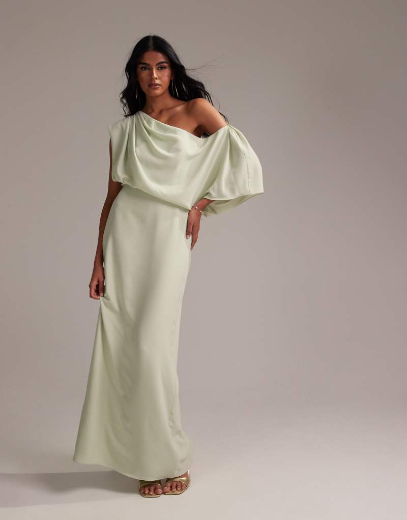 ASOS DESIGN Bridesmaids crepe one shoulder draped maxi dress in light green Asos Design