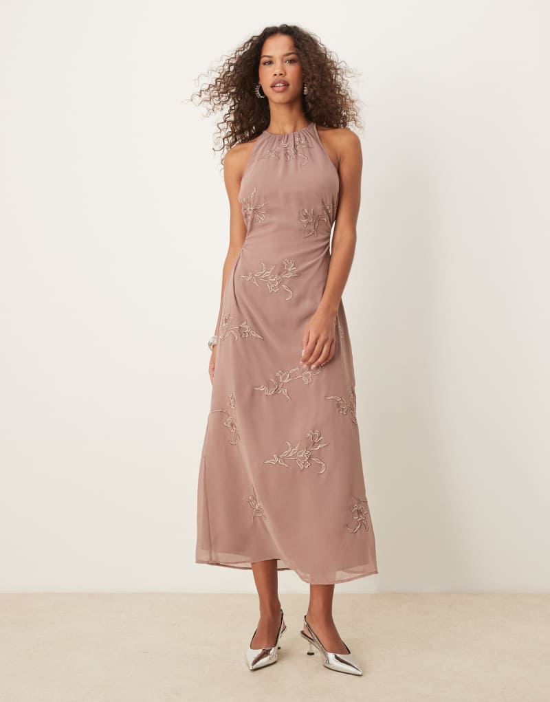 ASOS DESIGN all over floral embroidered halter maxi dress with open back in mink Asos Design