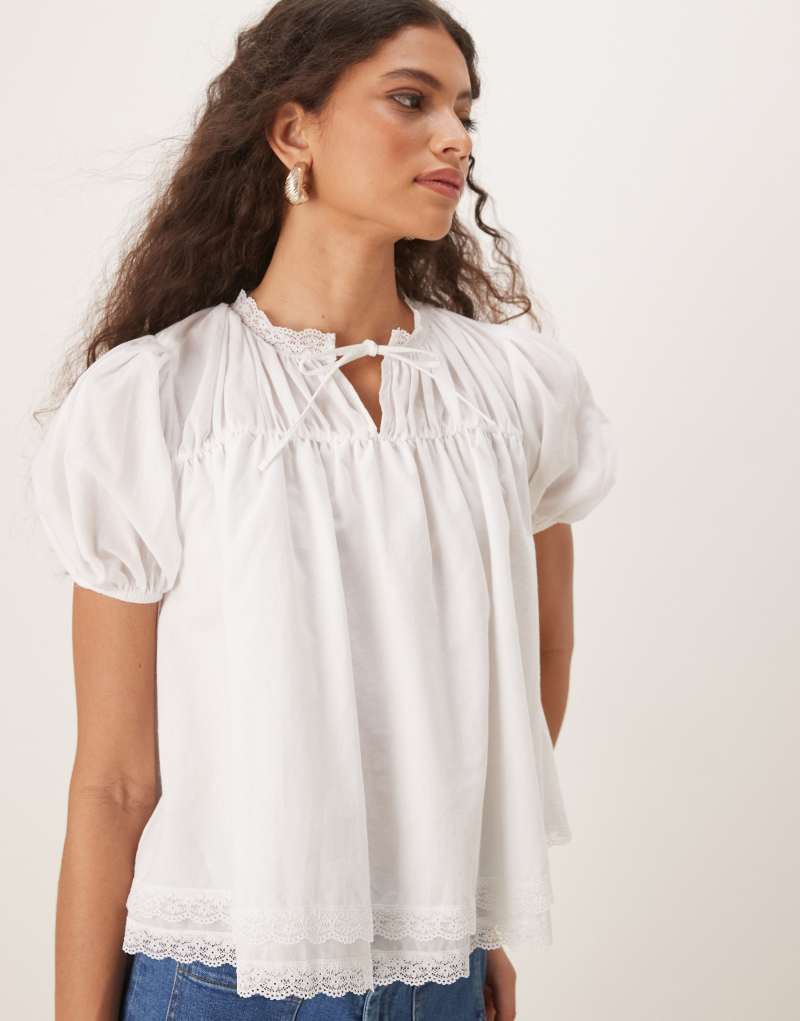 ASOS DESIGN cotton lace trim blouse in cream Asos Design