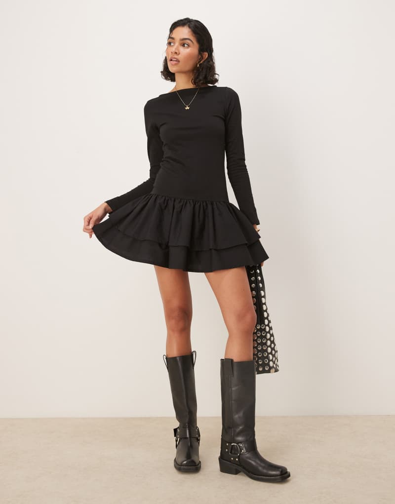 ASOS DESIGN dropped waist double frill poplin mix mini dress in black Asos Design