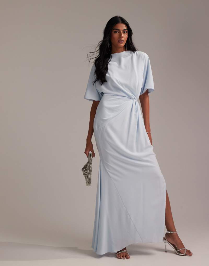 ASOS DESIGN Bridesmaids slash neck crepe t-shirt sleeve minimal drape maxi dress in light blue Asos Design