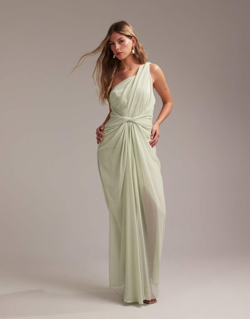 ASOS DESIGN Bridesmaids one shoulder draped twist detail midaxi dress in light green Asos Design