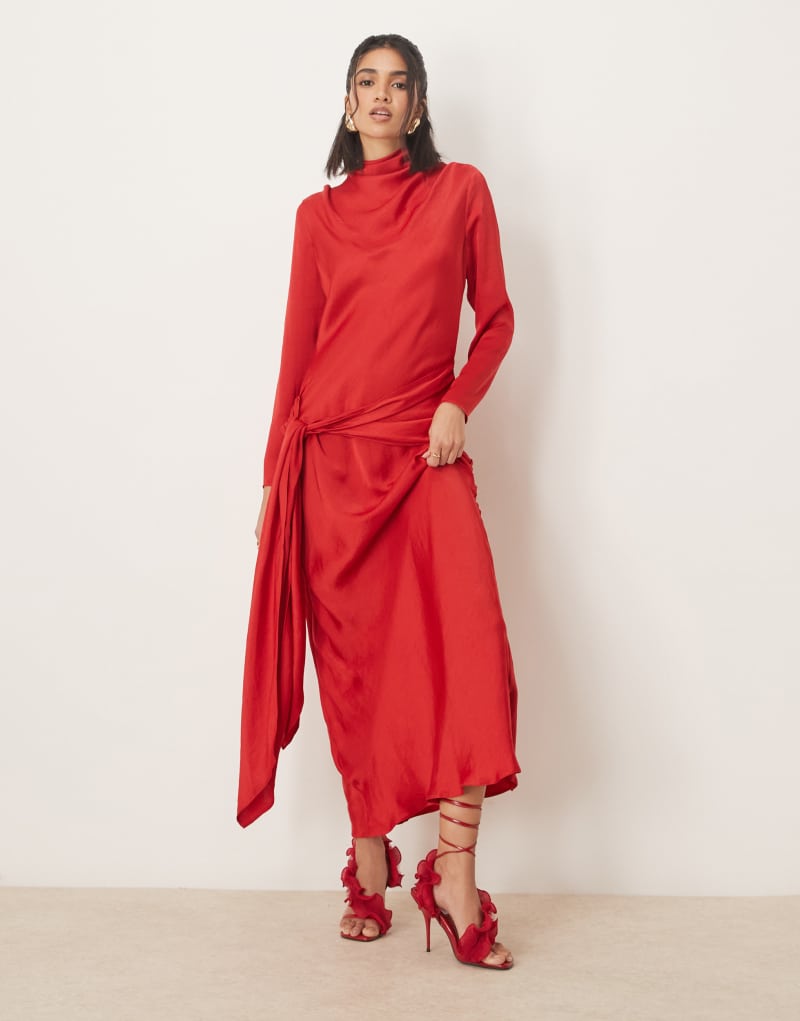 ASOS DESIGN long sleeve satin tie front maxi dress in red Asos Design