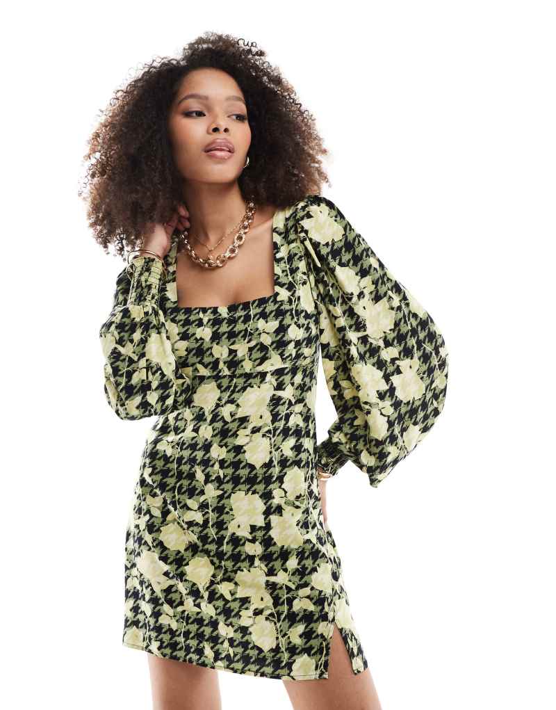 ASOS DESIGN square neck blouson sleeve mini dress in green and yellow floral print Asos Design